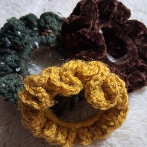 Elegant Crochet Hair Scrunchie Trio - Mustard, Forest, Chocolate